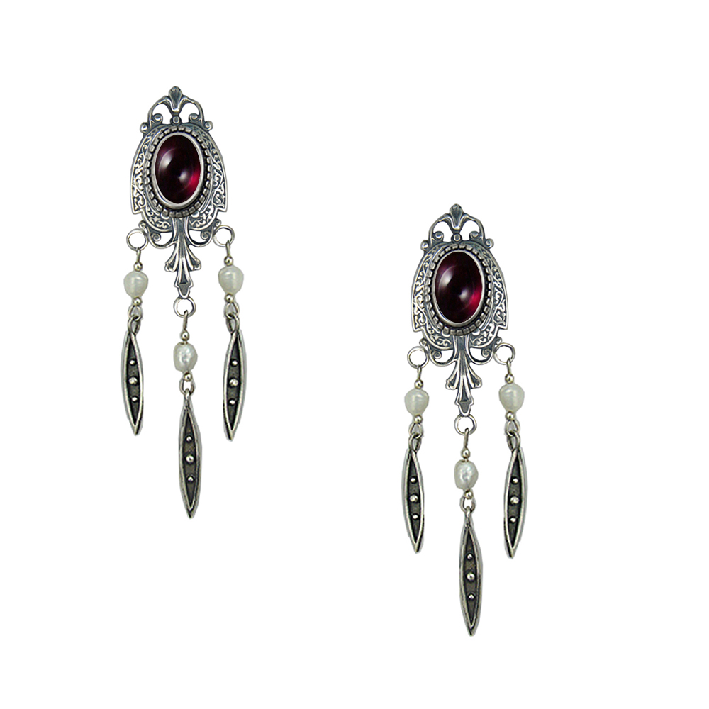 Sterling Silver Victorian Style Drop Dangle Earrings With Garnet